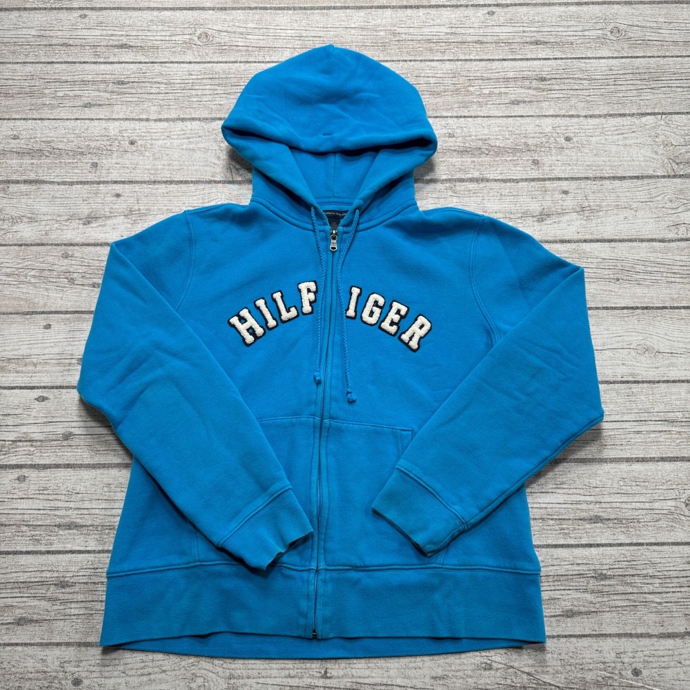 Tommy Hilfiger Hoodie Women's Large Blue Full Zip Fleece Athletic Varsity Lounge